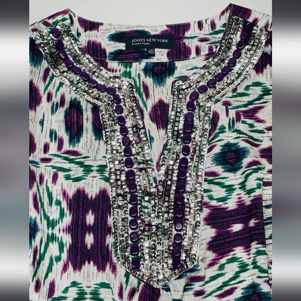 NWT RET.$100 XXL Jones NY Tie Dye Sequin Beaded Blouse Purple Green White